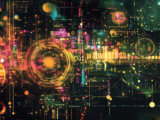 Leinwandbilder - Abstract statistical big data concept complexity graphs and analytical diagrams in technology background bright neon dark