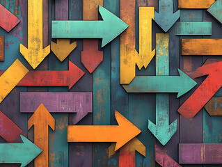 Aufkleber - An artistic digital rendering featuring a collection of arrows pointing in various directions, symbolizing the complexity and multitude of choices involved in the decision-making process