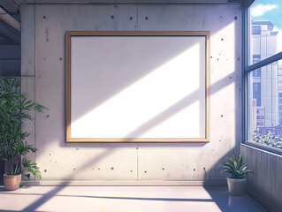 Aufkleber - An empty poster frame in a modern office interior, on a concrete wall, with natural light from windows, concept of advertising space