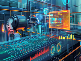 Poster - An illustration of business process automation concept, showcasing graphs for distribution analysis and consumption monitoring in a high-tech digital environment
