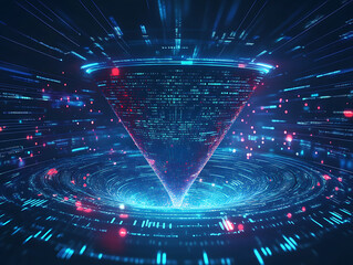 Poster - Big data technology and information funnel concept, large digital funnel with online data as process of data collection, analysis, and transformation into useful information, modern, digital style