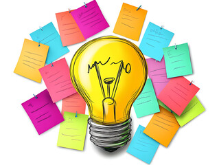 Poster - Big yellow light bulb drawing is surrounded by colorful sticky notes with scribbles representing a brainstorming session