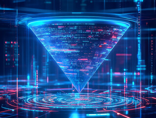 Leinwandbilder - Big data technology and information funnel concept, large digital funnel with online data as process of data collection, analysis, and transformation into useful information, modern, digital style