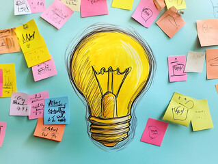 Poster - Big yellow light bulb drawing is surrounded by colorful sticky notes with scribbles representing a brainstorming session