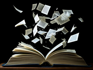 Poster - A blue open book with pages flying from it