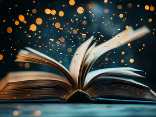 Poster - A blue open book with pages flying from it