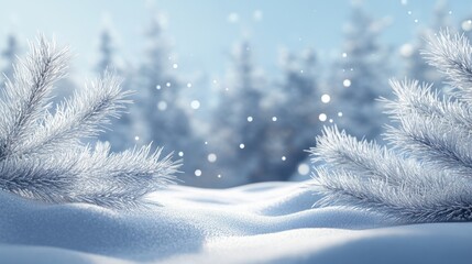 Wall Mural - Beautiful winter background image of frosted spruce branches and small drifts of pure snow with bokeh Christmas lights and space for text.