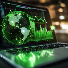 Leinwandbilder - A green globe with a stock chart on the laptop screen, green business concept, digital sustainability, future green energy innovation business trend