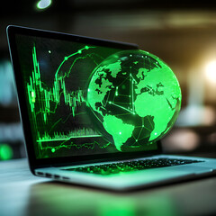 Leinwandbilder - A green globe with a stock chart on the laptop screen, green business concept, digital sustainability, future green energy innovation business trend