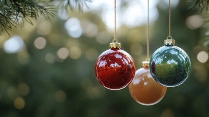 Wall Mural - Christmas balls hanging on an out of focus background