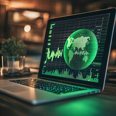 Leinwandbilder - A green globe with a stock chart on the laptop screen, green business concept, digital sustainability, future green energy innovation business trend