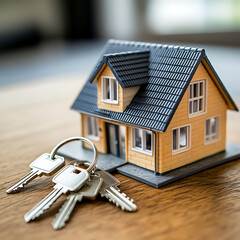 Poster - A miniature model of a cozy tiny house with a set of silver keys placed beside it, symbolizing the concept of purchasing a small home or property in the real estate market