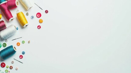 Poster - Colorful threads, buttons, and needles are neatly arranged on a white background, offering a blank space for text or design ideas. Generative AI
