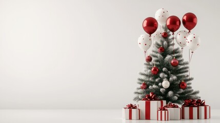 Poster - Christmas tree, Gifts and balloons. 3d rendering copy space