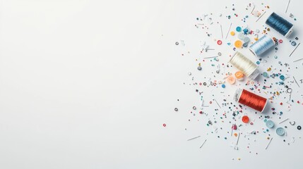 Poster - Colorful sewing essentials scattered on a white surface, featuring threads, needles, and buttons, creating perfect copy space for text. Generative AI