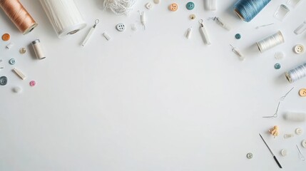 Poster - Sewing supplies such as threads, buttons, and needles scattered on a clean white surface, offering plenty of space for additional text or designs. Generative AI