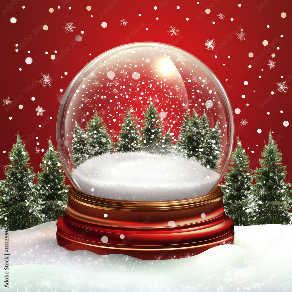Christmas glass snow globe empty stands on the snow with fir trees. Red ...