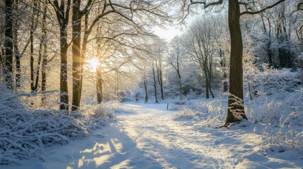 Wall Mural - Snow covered woodland scene in cold winter