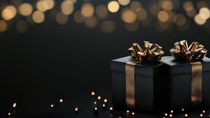 Two black gift boxes with golden bows on a dark background with blurred bokeh. Banner for christmas gift, black friday, big sale. Retail promotions, discount events, social media marketing