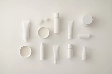 Poster - Various skincare containers including jars, tubes, oils, and serums are displayed on a white surface, providing space for text and branding. Generative AI