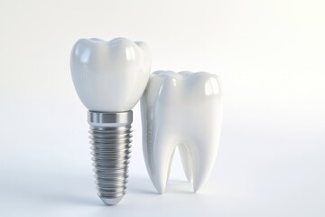 Aufkleber - A dental implant is shown next to a healthy tooth, highlighting the contrast in dental restoration technology on a white surface. Generative AI