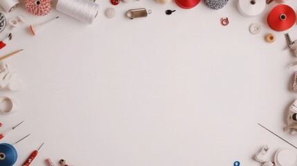 Poster - Sewing tools such as needles, colorful threads, and various buttons are neatly arranged on a white surface, ideal for design purposes. Generative AI