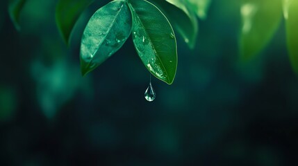 Wall Mural - A single water drop hangs from a leaf on a branch with a green, blurred background.