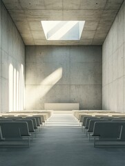 Wall Mural - Contemporary concrete auditorium interior with seats, runway and empty mock up place on wall. Presentation and fashion concept. 3D Rendering