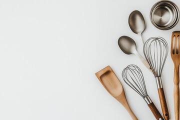 Flat lay arrangement of various kitchen utensils including spatulas, whisks, and pots on a white background with space for text. Generative AI