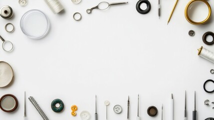 Poster - Collection of sewing tools including needles, threads, and buttons arranged neatly on a white background, leaving space for text and creativity. Generative AI