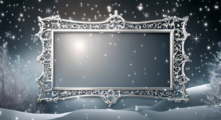 Silver square frame on dark background with snowflakes Winter background with frame 4K