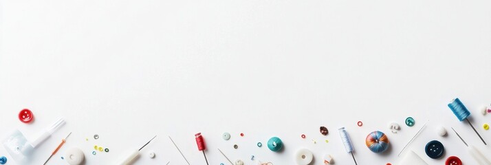 Poster - Sewing essentials like needles, threads, and buttons are neatly arranged on a white background, providing ample space for text or designs. Generative AI