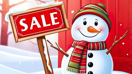 Wall Mural - Seasonal holiday New Year banner, sale, snowman and Sale sign, red background, business offer