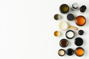 Poster - Showcase of various skin care containers including jars, tubes, oils, and serums arranged neatly on a white background with space for branding. Generative AI