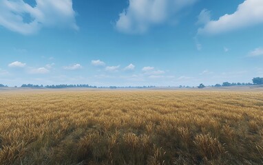 Wall Mural - A serene landscape of golden fields under a bright blue sky with scattered clouds.