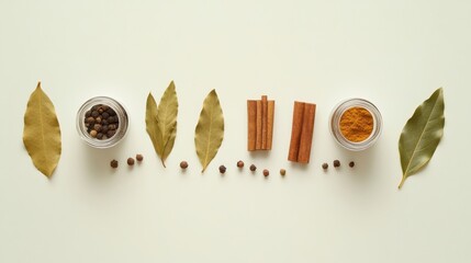 Aufkleber - Small jars filled with vibrant spices, complemented by bay leaves and cinnamon sticks, create an aromatic display with space for notes. Generative AI