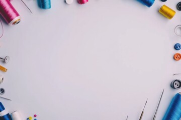 Poster - Needles, threads, and buttons are neatly displayed on a white background, perfect for crafting and sewing projects or tutorials. Generative AI