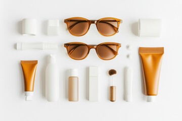 Poster - A stylish collection of summer accessories includes sunglasses and sunscreen arranged on a white background, perfect for a sunny day. Generative AI