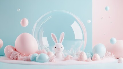 Wall Mural - Creative pastel Easter display featuring a cute bunny and colorful eggs in a whimsical setting