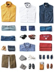 Fototapete - Colorful assortment of clothing pieces including shirts, pants, and accessories is displayed against a white backdrop, ideal for design purposes. Generative AI