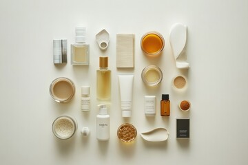 Poster - A variety of skincare products including jars, tubes, and oils are arranged on a clean white background, offering ample space for text placement. Generative AI