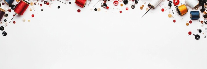 Poster - Sewing essentials like colorful threads, buttons, and needles arranged neatly on a white background, providing ample space for text insertion. Generative AI