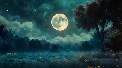 Poster - Full moon over a mystical forest at night.