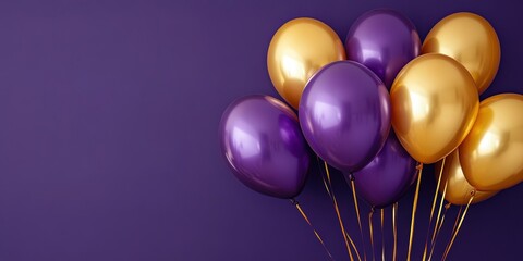 Wall Mural - purple balloons and gold balloons on solid background, copy space