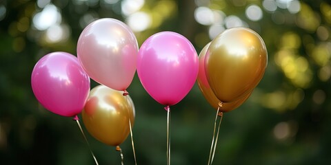 Wall Mural - pink balloons and gold balloons on solid background, copy space