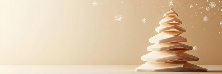 Aufkleber - Layered paper Christmas tree sits on a smooth surface, providing a blank space for text, surrounded by light winter decorations. Generative AI