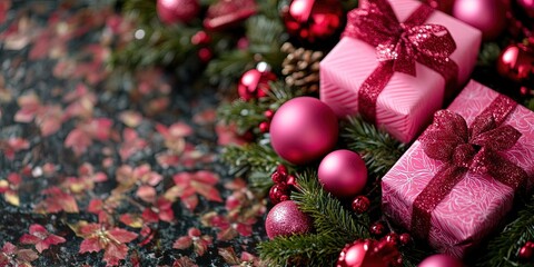 Wall Mural - overhead photo of pink presents on a table with ornaments, holly