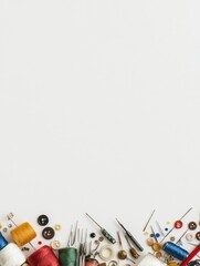 Poster - Colorful sewing essentials including needles, thread spools, and buttons are displayed on a white background, perfect for crafting inspiration. Generative AI