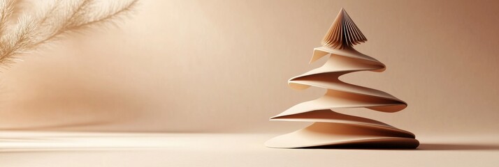Poster - A decorative layered 3D paper Christmas tree stands on a smooth surface, providing plenty of copy space for festive messages and designs. Generative AI