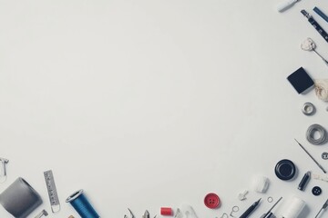 Poster - Needles, threads, buttons, and other sewing essentials are neatly arranged on a white surface, providing blank space for creative projects. Generative AI